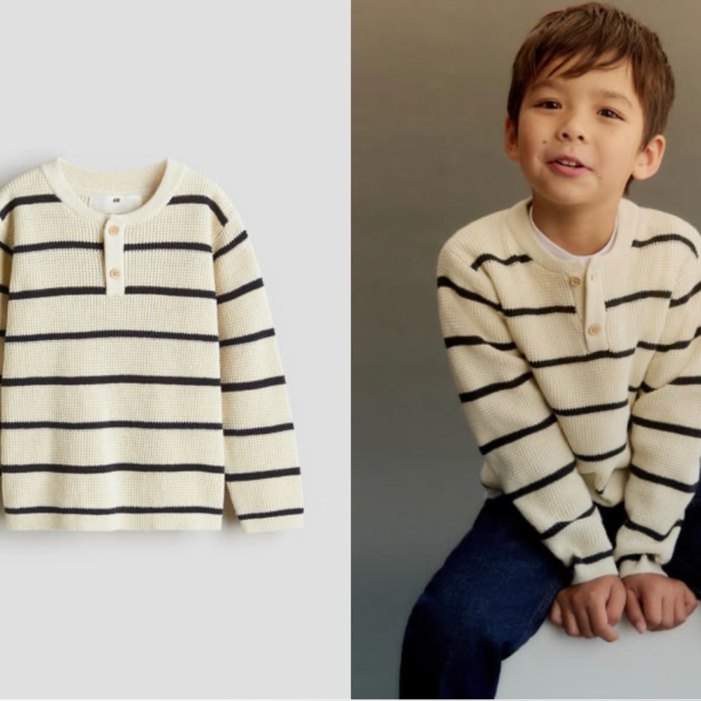 H&M Cream and Black Striped Knit Henley Sweater - Kids